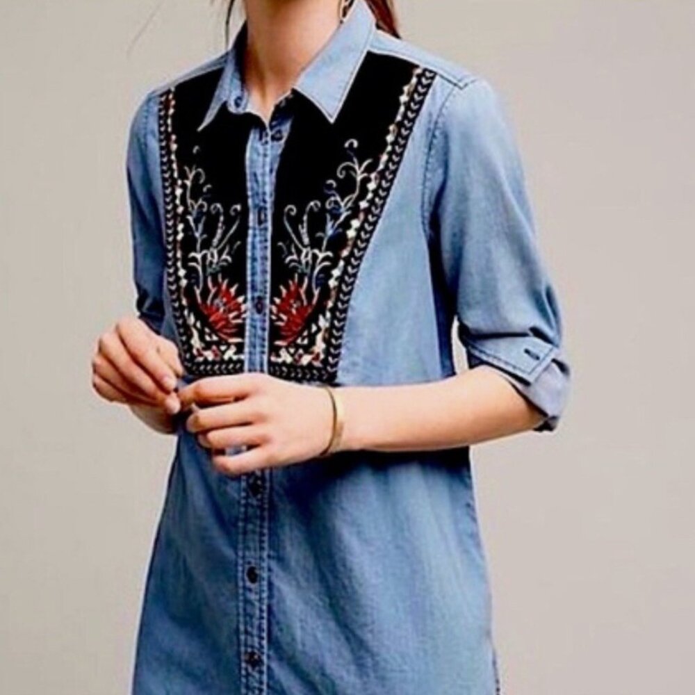 Anthropologie Embroidered Chambray Top